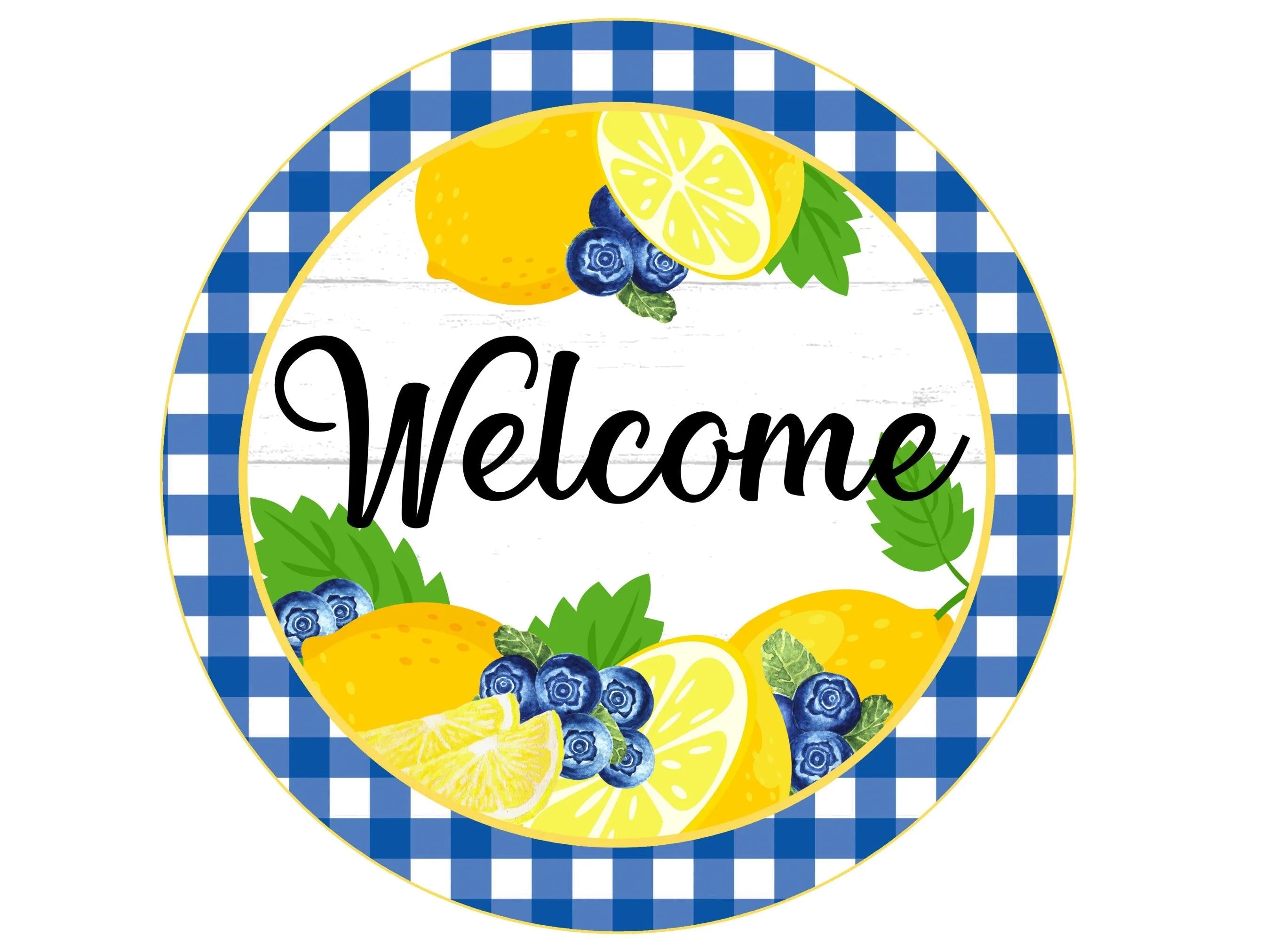 Welcome wreath sign with blueberries and lemons, lemon wreath attachment, summer blueberry decor, lemon sign, citrus sign, kitchen sign