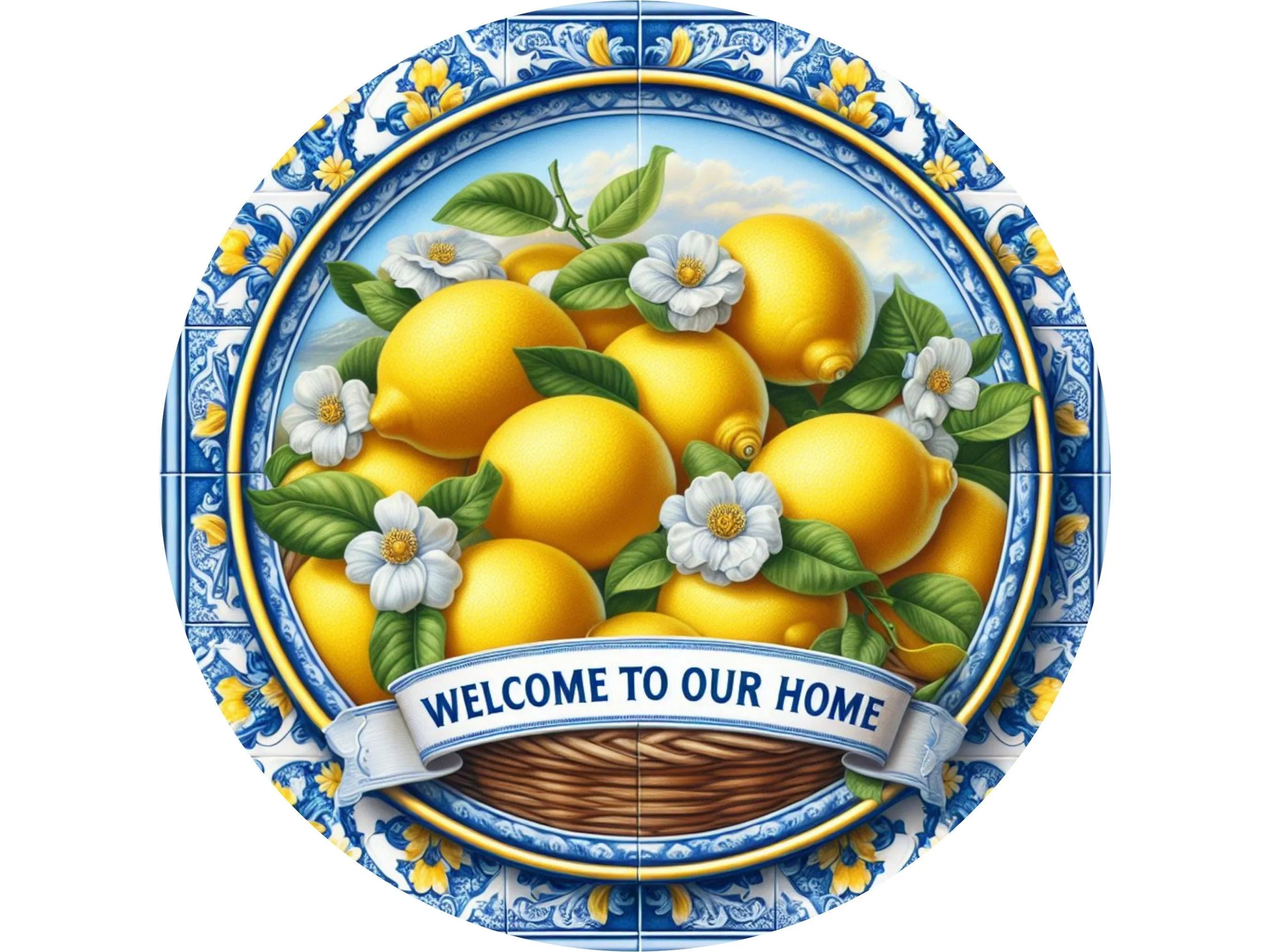 Welcome wreath sign with lemon, lemon wreath attachment, summer lemon decor, lemon sign, citrus door hanger, kitchen citrus sign, fruit sign