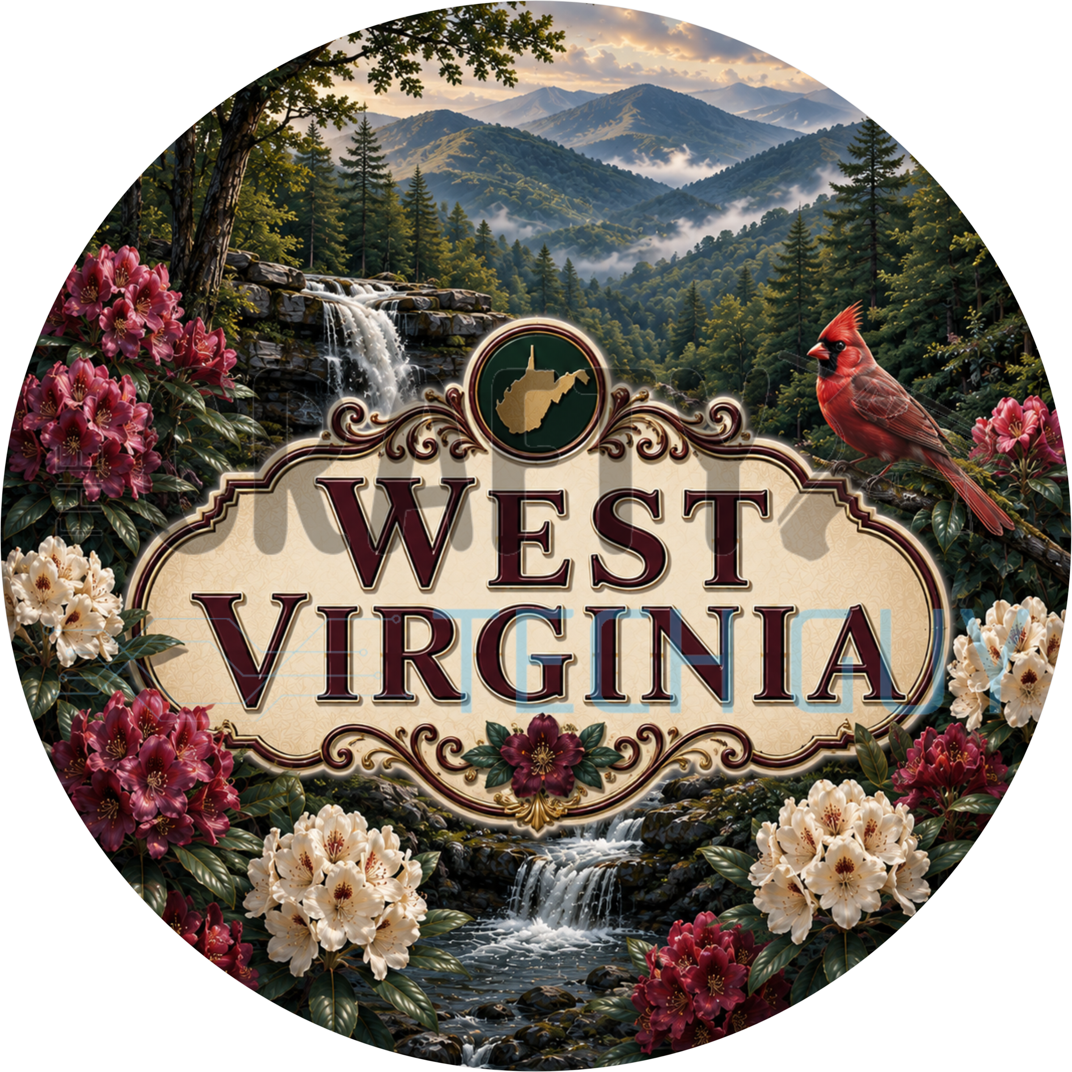 West Virginia round wreath sign in coated aluminum, showing pink rhododendron, a red cardinal and a mountain waterfall