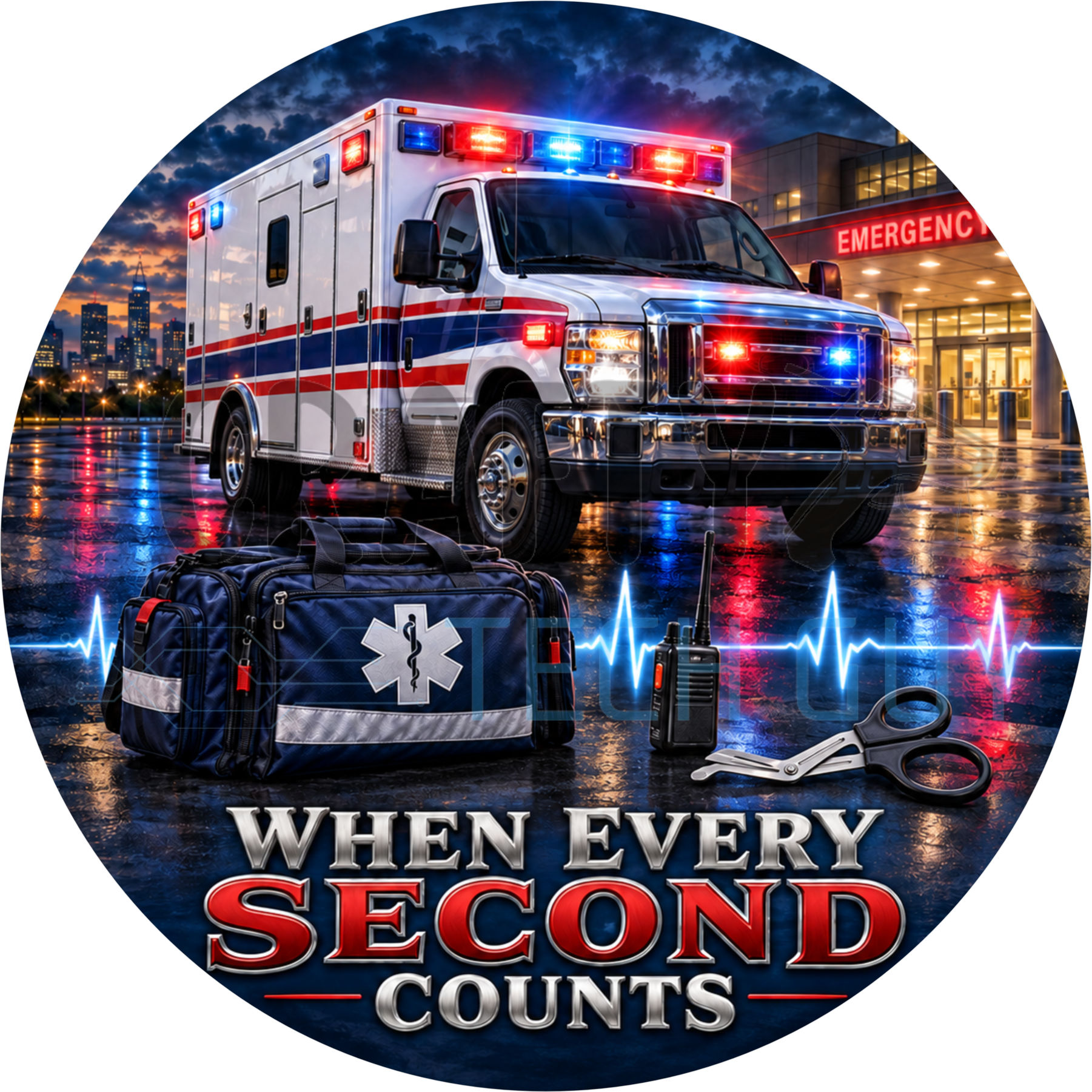 When Every Second Counts round wreath sign with an ambulance outside a lit hospital emergency entrance, medic duffel and EKG line