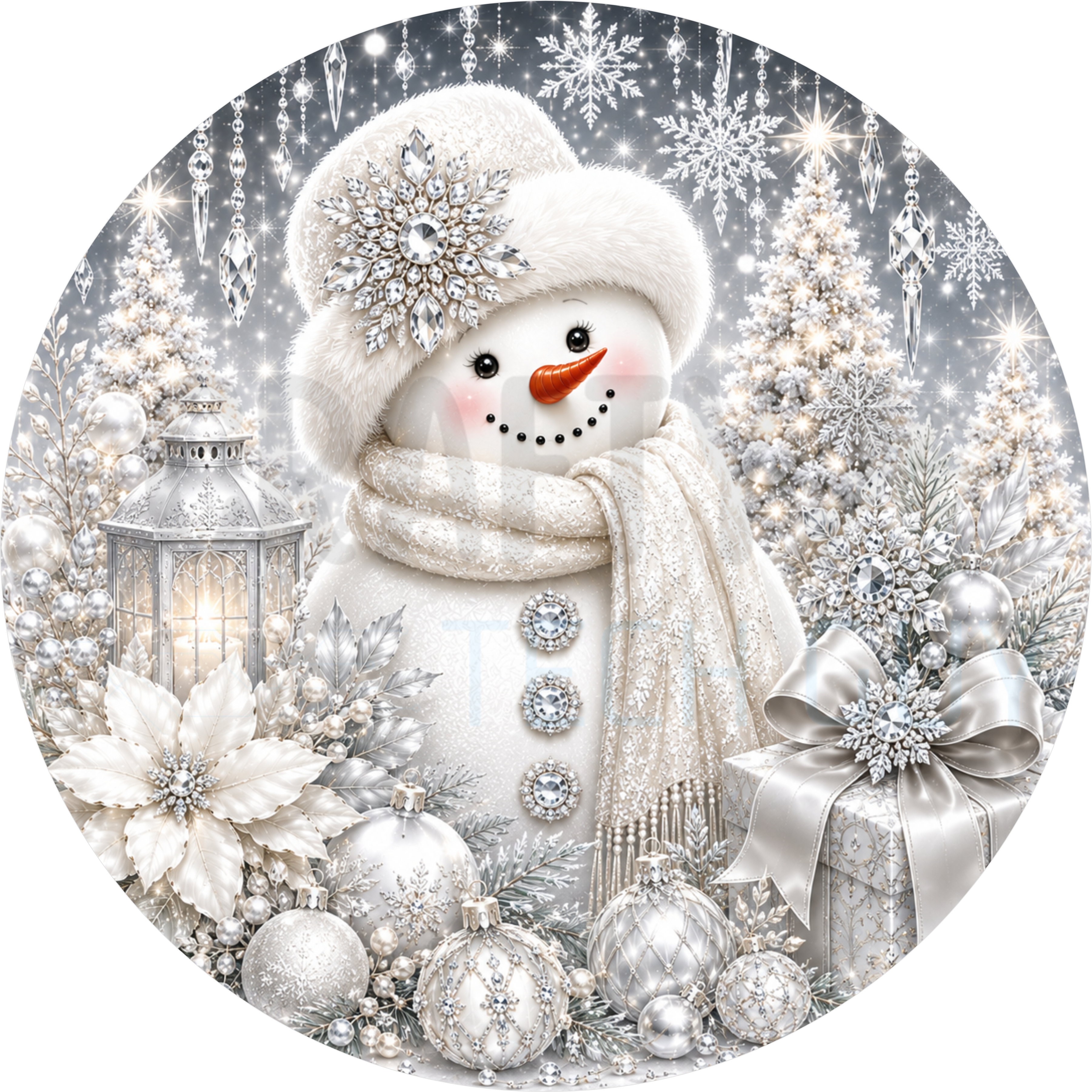 Glam Christmas round wreath sign in coated aluminum, showing a jeweled snowman in a white fur hat with silver ornaments and a frosted tree
