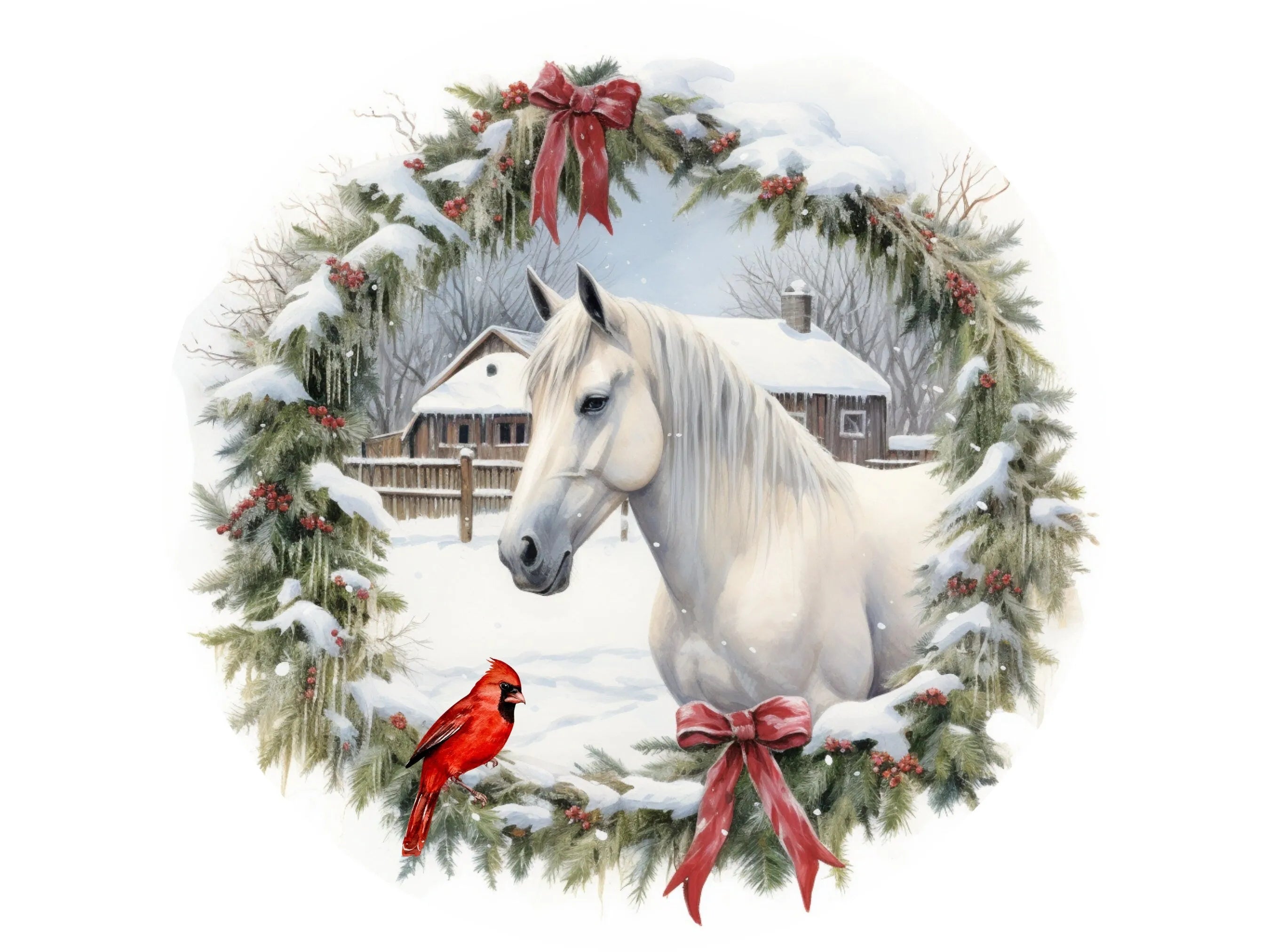 White Horse and Red Cardinal Metal Wreath Sign – Winter Holiday Decor, Rustic Farmhouse Sign, Christmas Wreath Accent