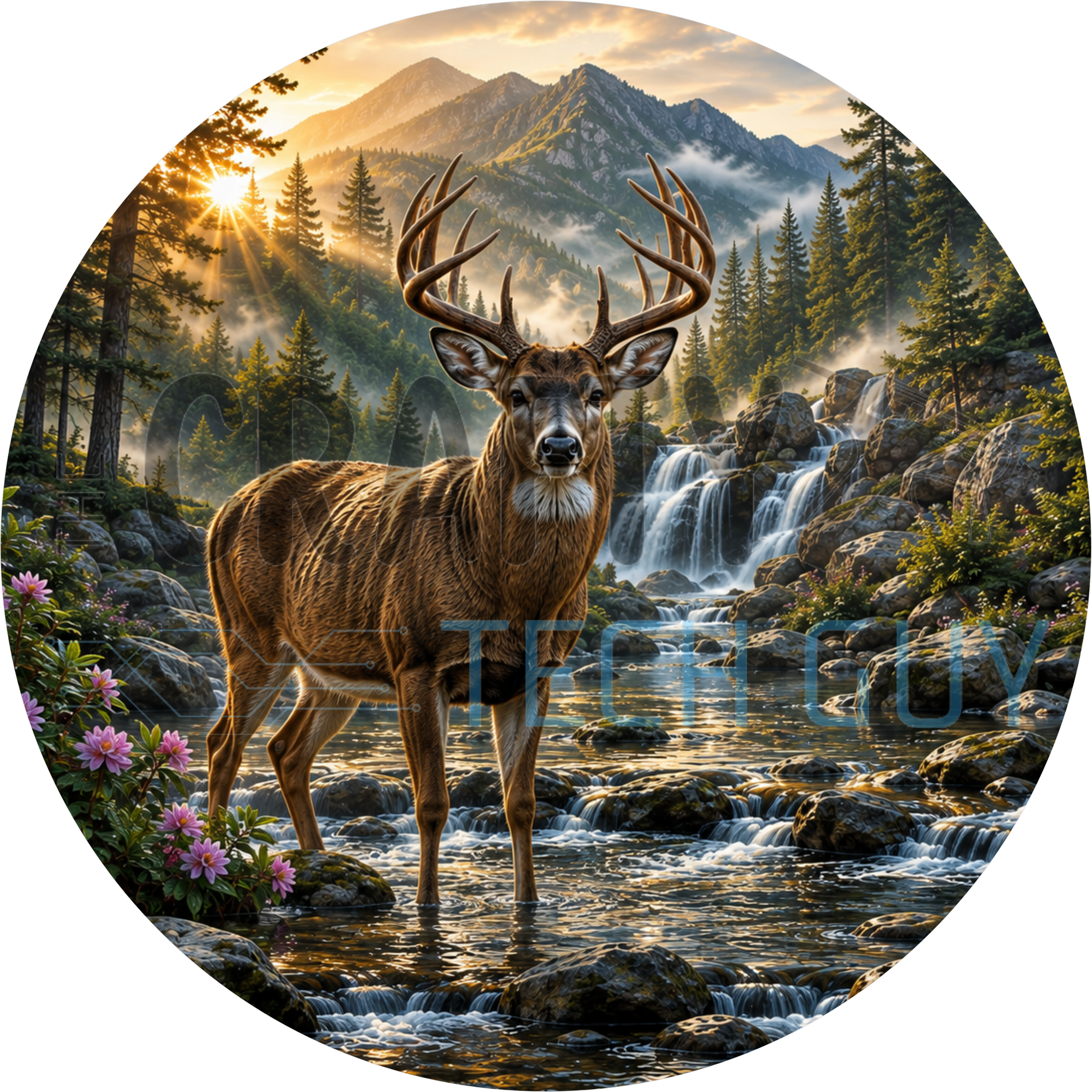 Whitetail buck round wreath sign in coated aluminum, showing a deer beside a mountain waterfall and clear stream