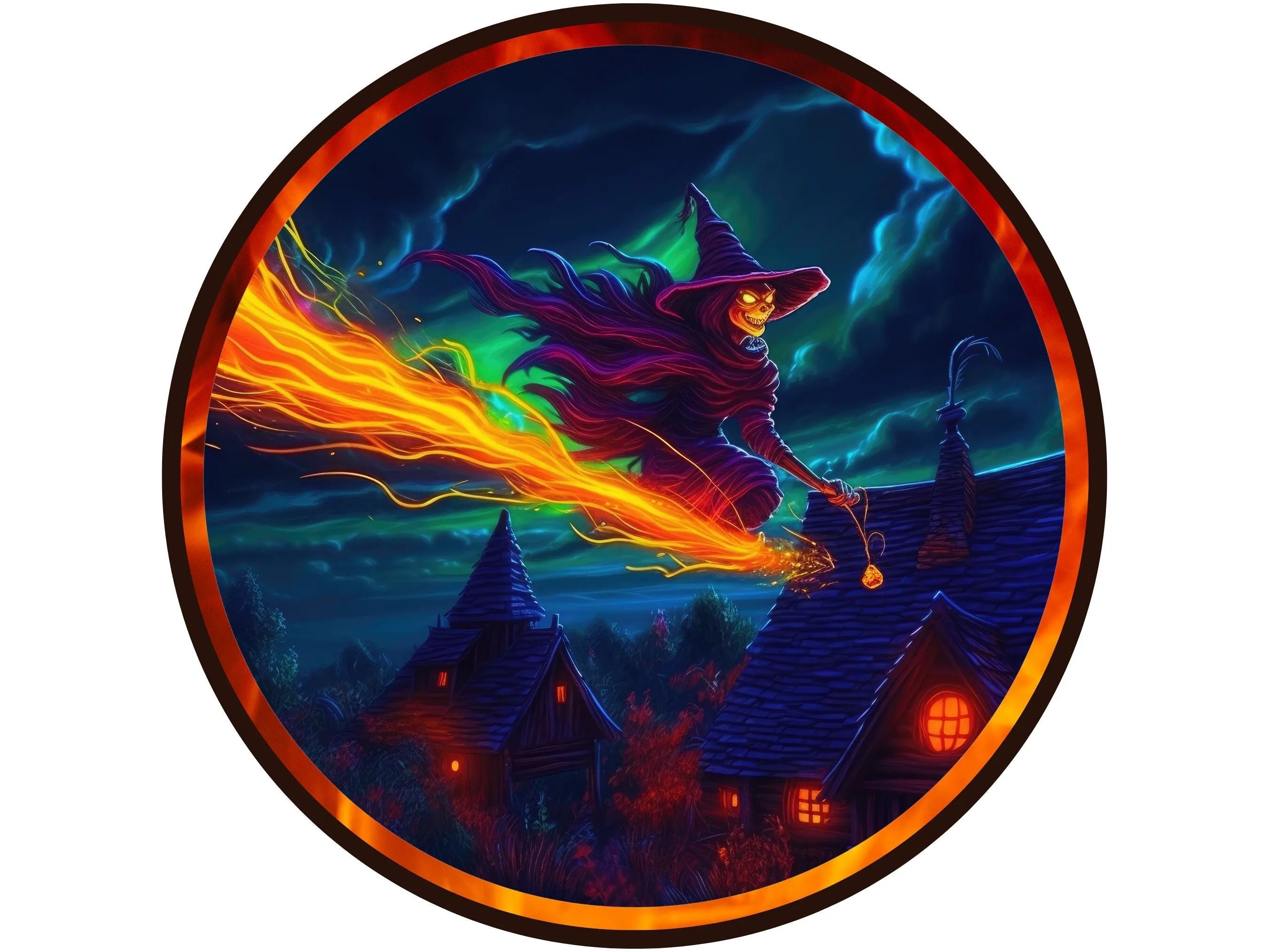 wicked witch flying fire broom sign, scary witch flying over neighborhood sign, sign for Halloween