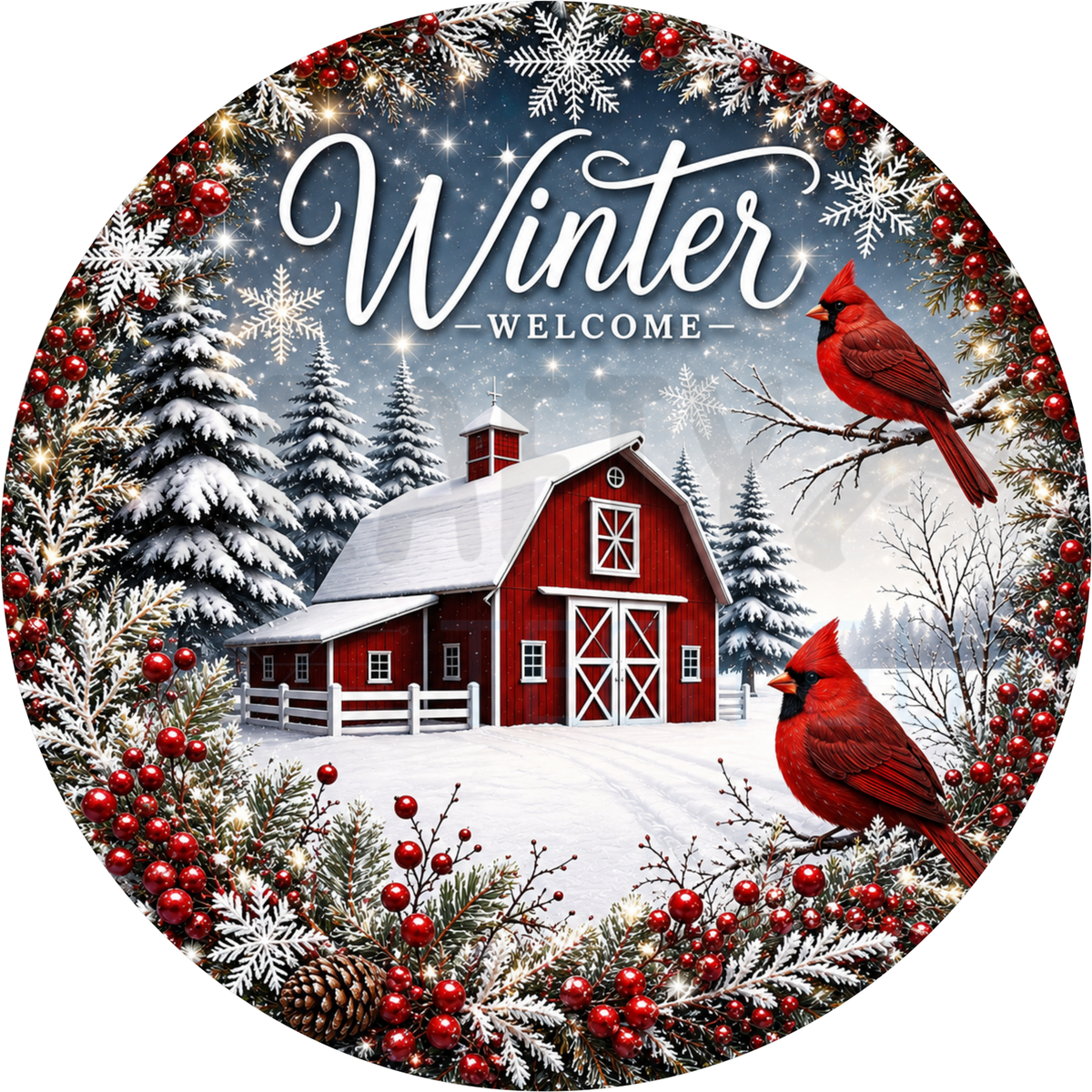Winter Welcome round wreath sign with a red barn in snow, two red cardinals on frosted branches, snowy pines, red berries and snowflakes