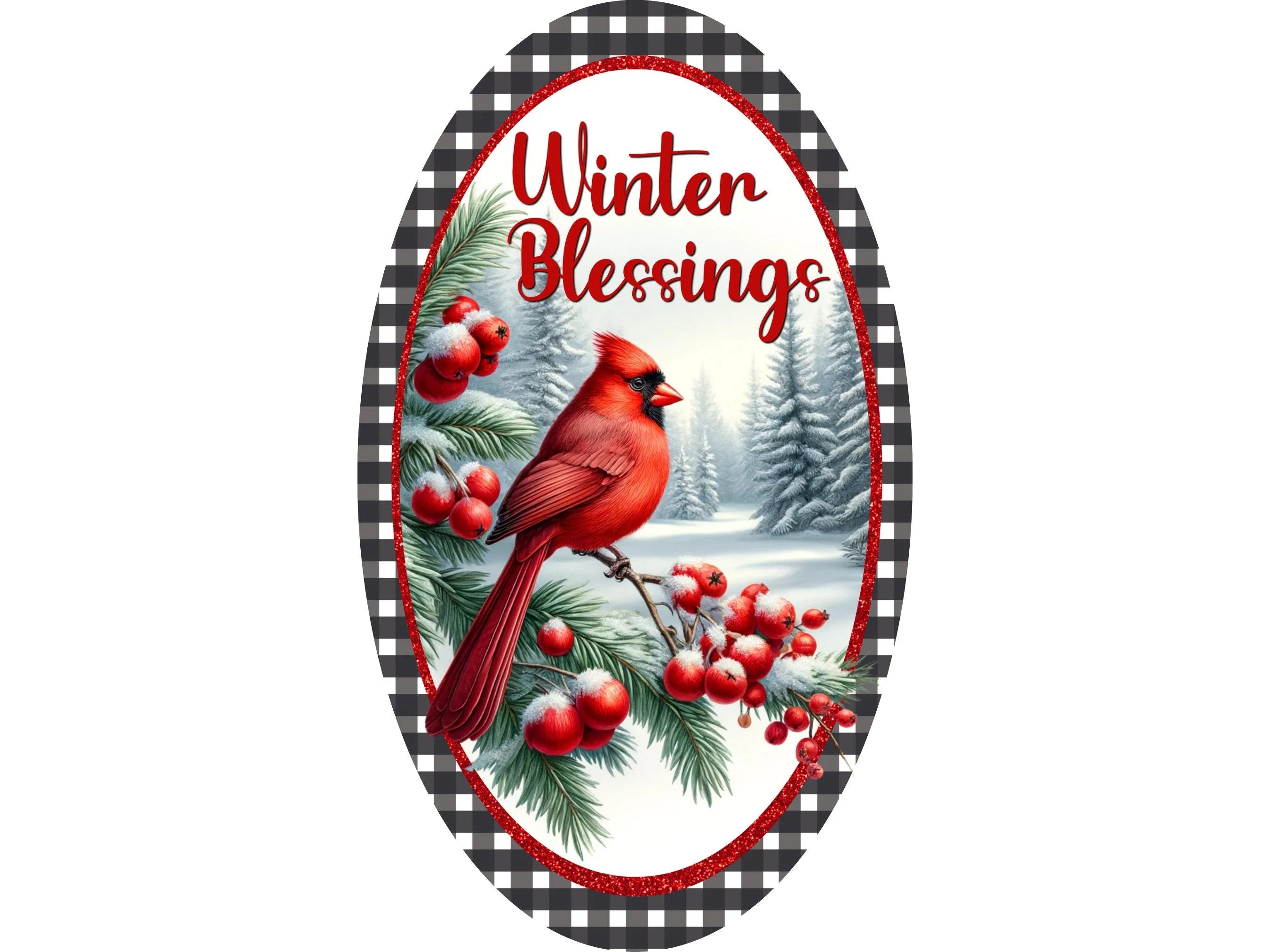 Winter Blessings Cardinal Sign, Metal Holiday Decor, Berries Branch Oval Sign, Festive Door Sign