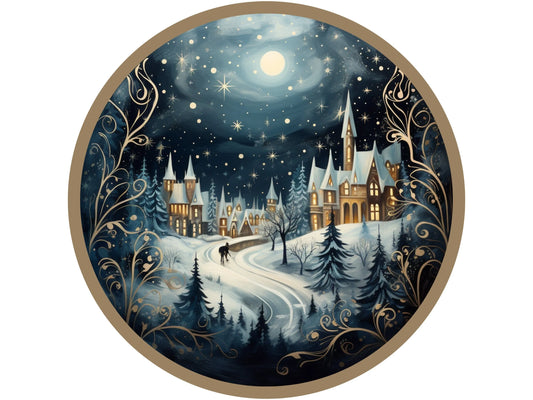 winter village at Christmas with snow and glistening moon sign, sign for December, Sign for Christmas, sign for winter