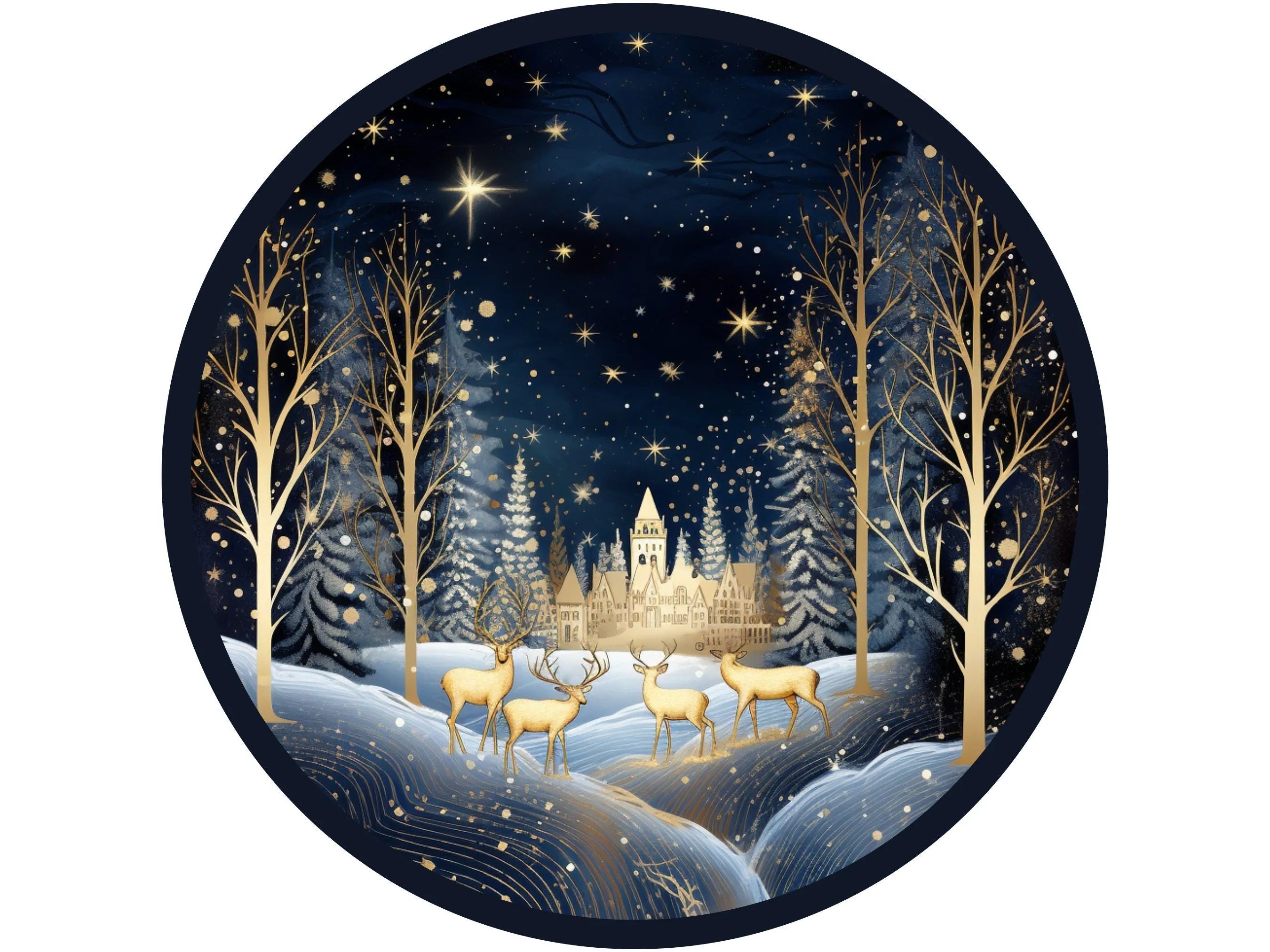 winter village with white deer in snow and sparkling stars sign, sign for December, Sign for Christmas, sign for winter