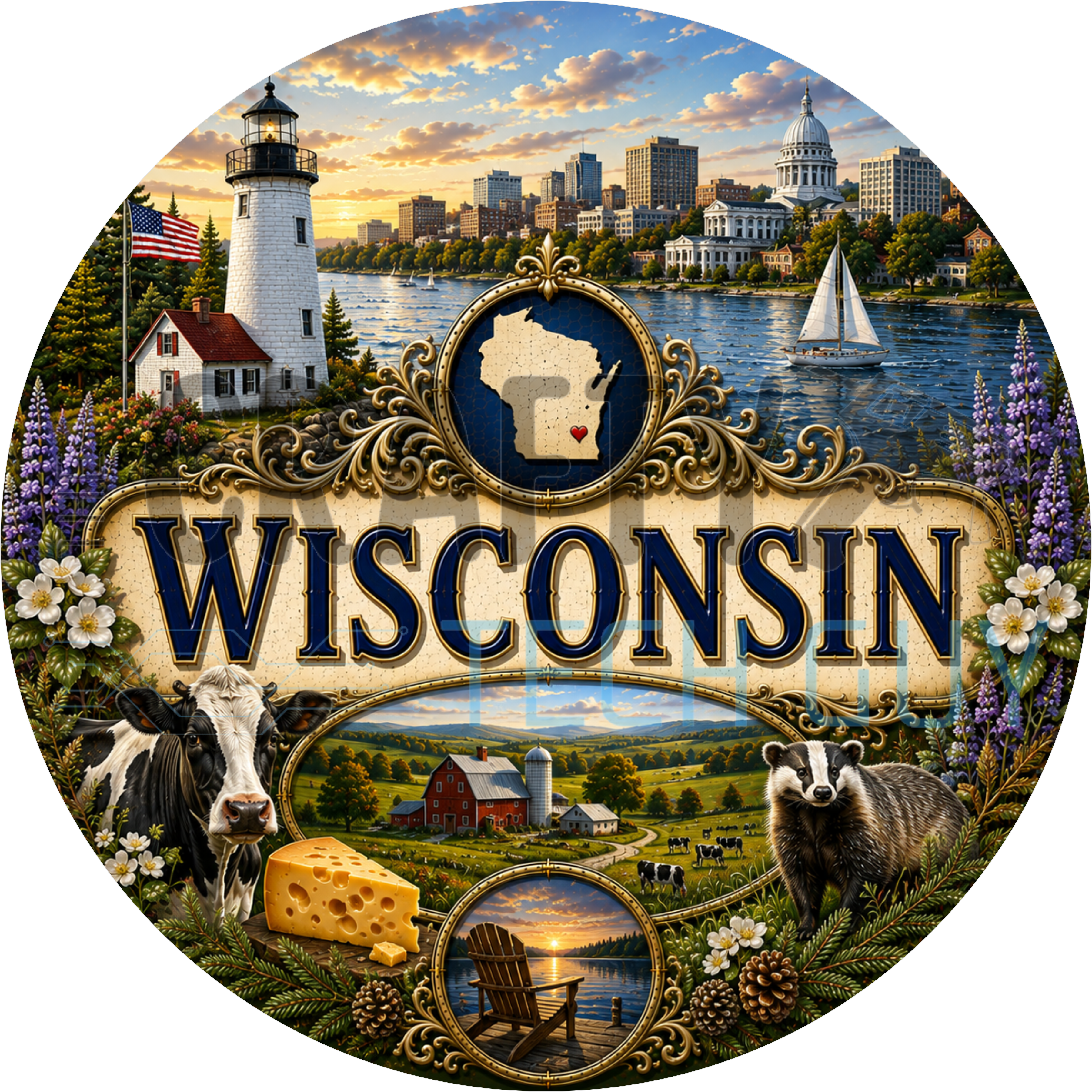 Wisconsin round wreath sign in coated aluminum, showing a Holstein dairy cow, a badger, a cheese wedge and a lakeshore lighthouse