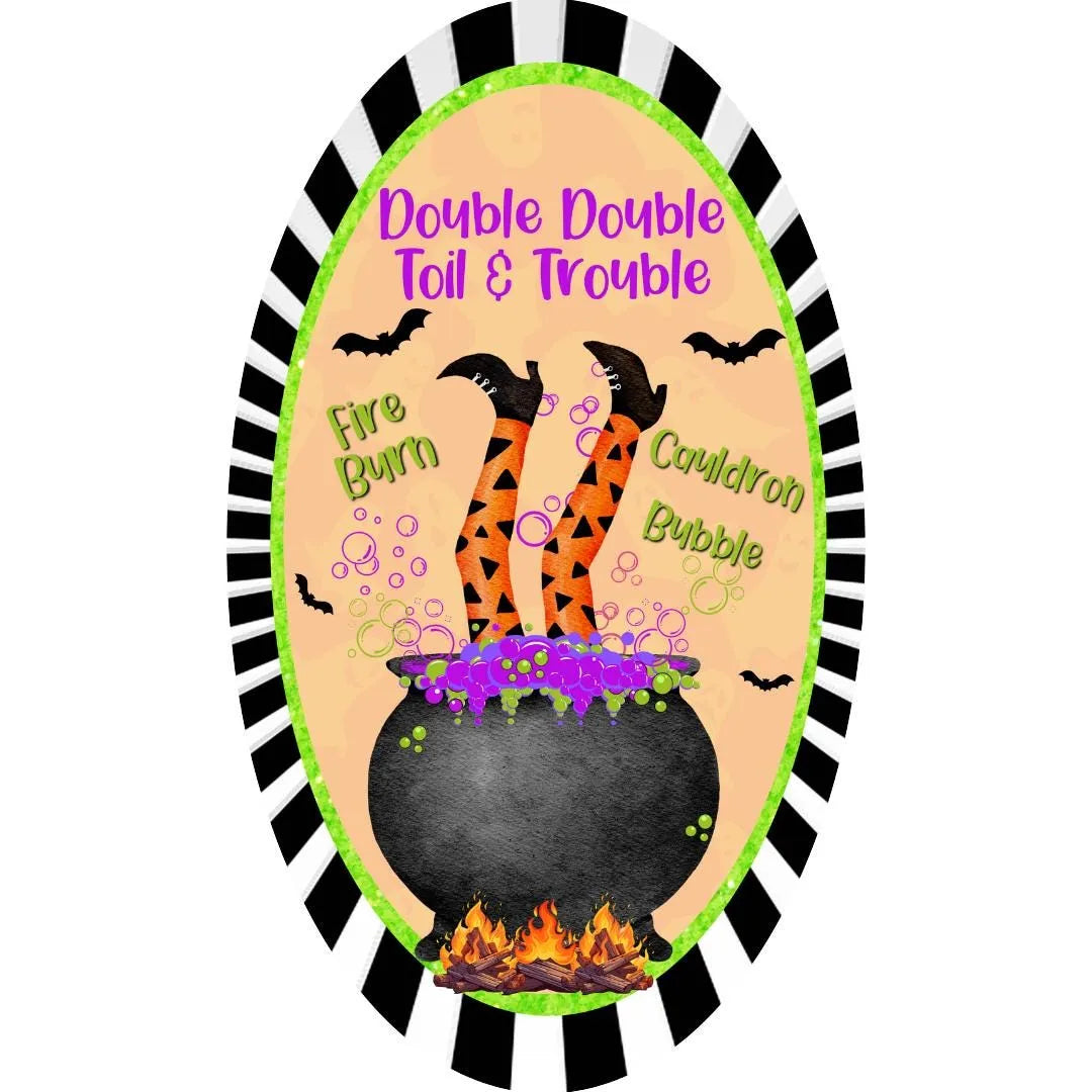 Witch Legs in Cauldron Halloween Sign | Double Double Toil Trouble Decor | Oval Witchy Wall Art | Spooky Home Halloween Decorations