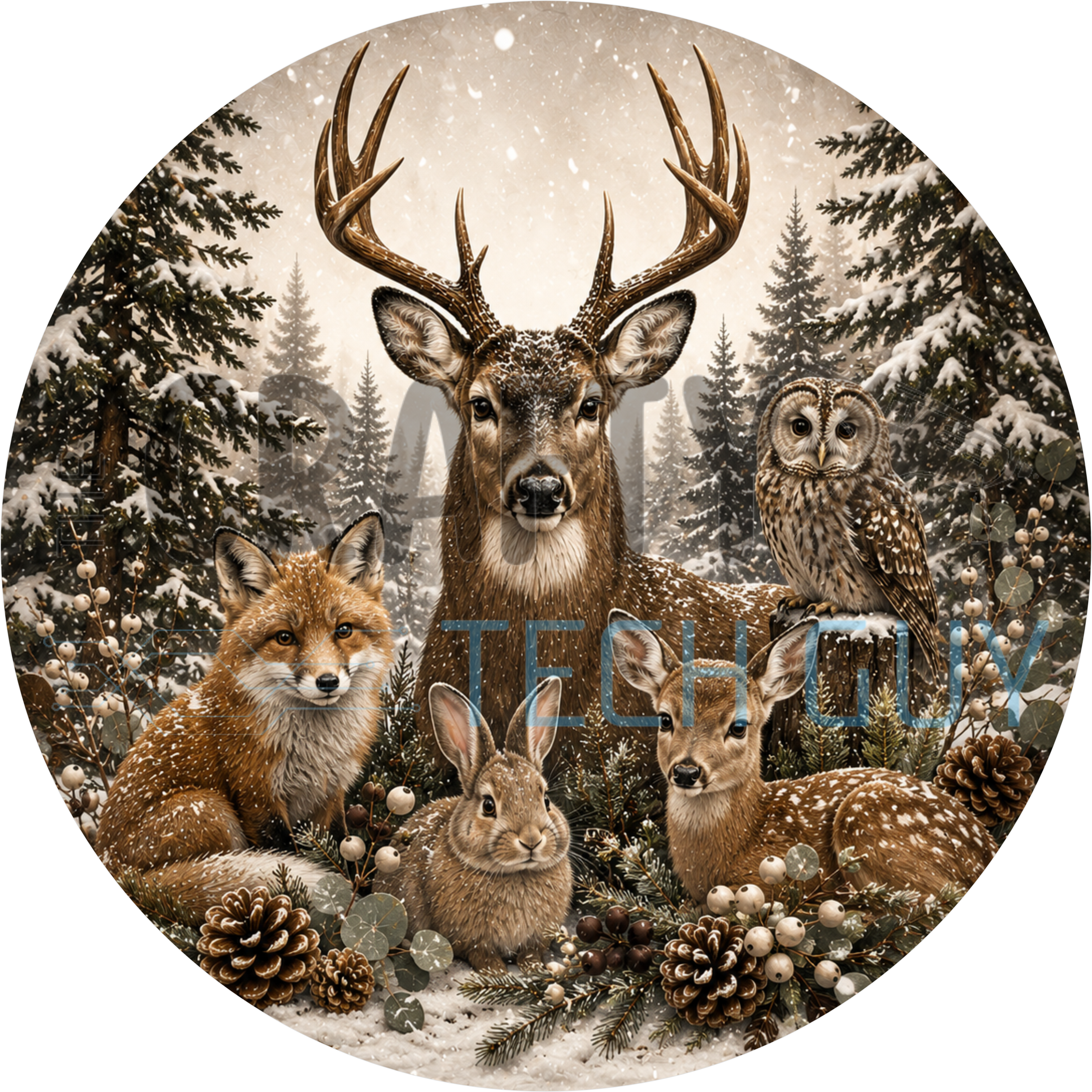 Woodland winter animals round sign with buck, red fox, rabbit, fawn and owl among frosted evergreens, eucalyptus and pinecones