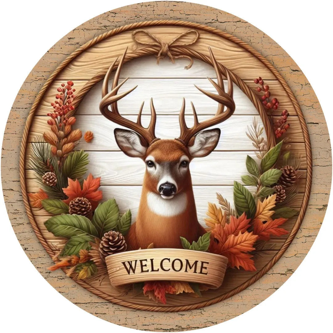 Woodland Deer Wreath Sign, Rustic Country Welcome Sign, Deer Antler Fall Decor, Cabin Themed Wall Art, Farmhouse Autumn Entryway Sign