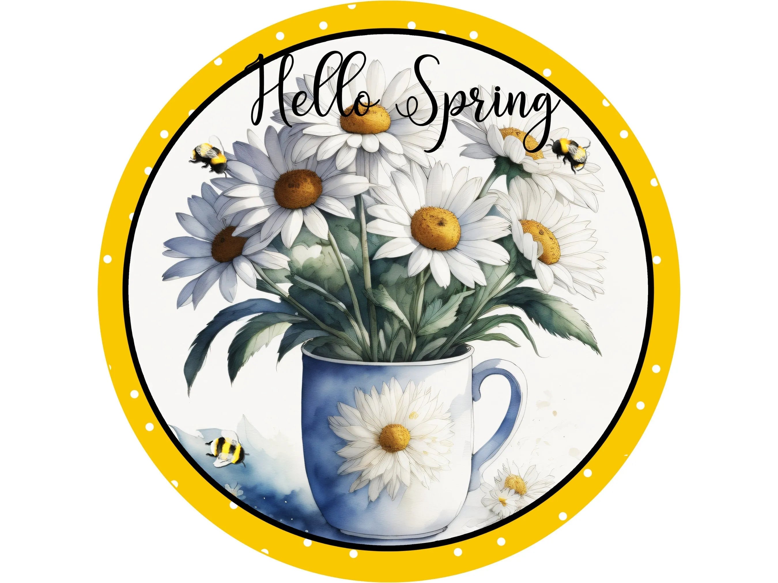 yellow and white polka dot bee daisy wreath sign, farmhouse daises in coffee cup wall art, tea cup daises with bees wreath attachment