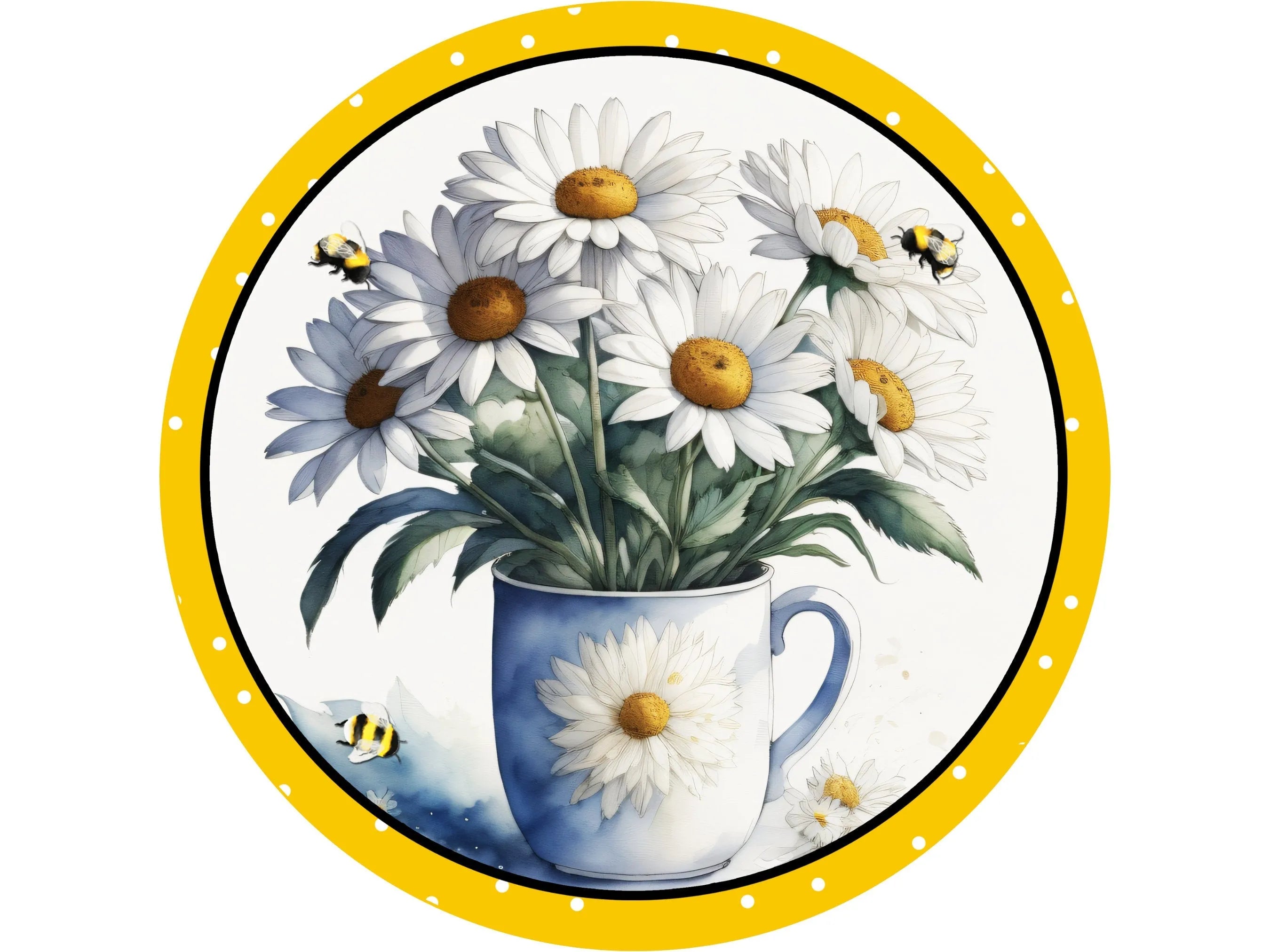 yellow and white polka dot bee daisy wreath sign, farmhouse daises in coffee cup wall art, tea cup daises with bees wreath attachment