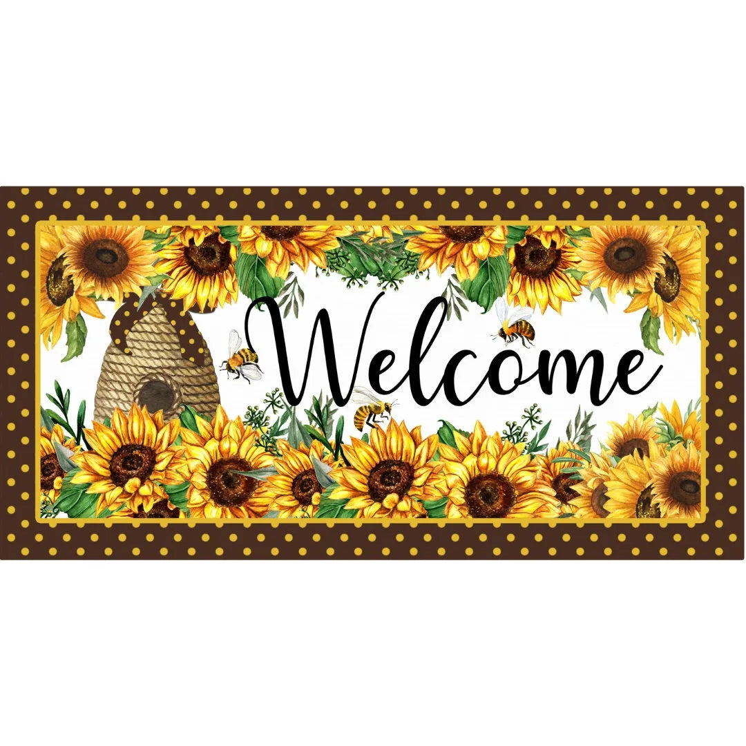 yellow polka dot bee hive with sunflowers wreath sign, sign for summer, sign for June, sign for July, bee collector wreath attachment