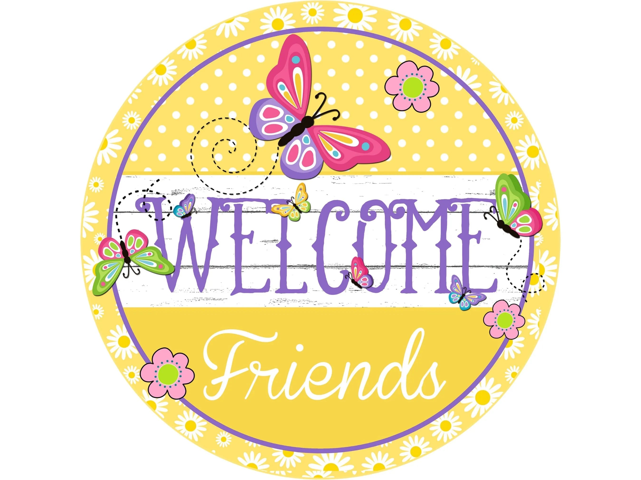 yellow polka dot butterfly welcome wreath sign, spring floral butterfly wreath attachment, sign for Spring, sign for Summer