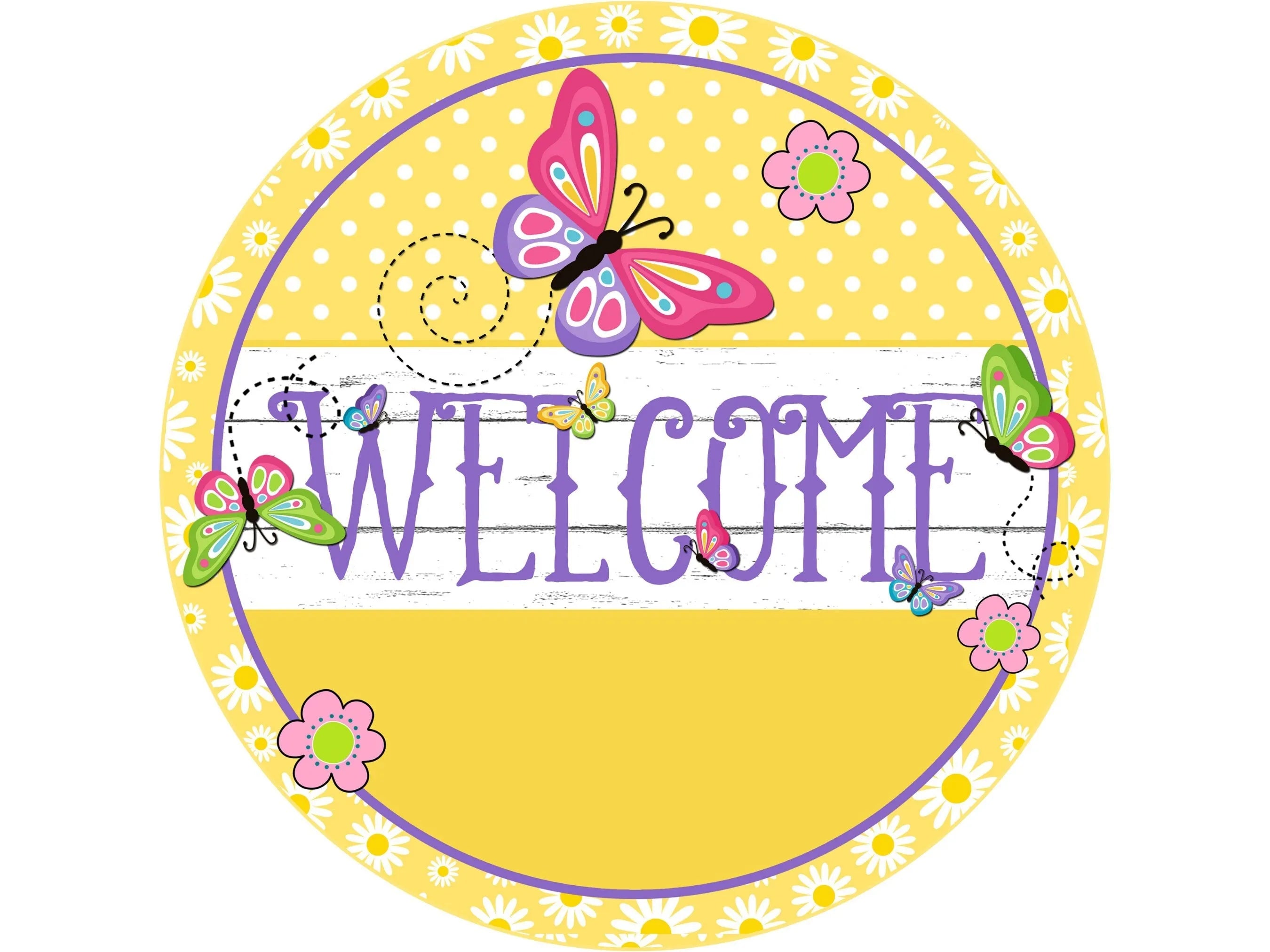 yellow polka dot butterfly welcome wreath sign, spring floral butterfly wreath attachment, sign for Spring, sign for Summer