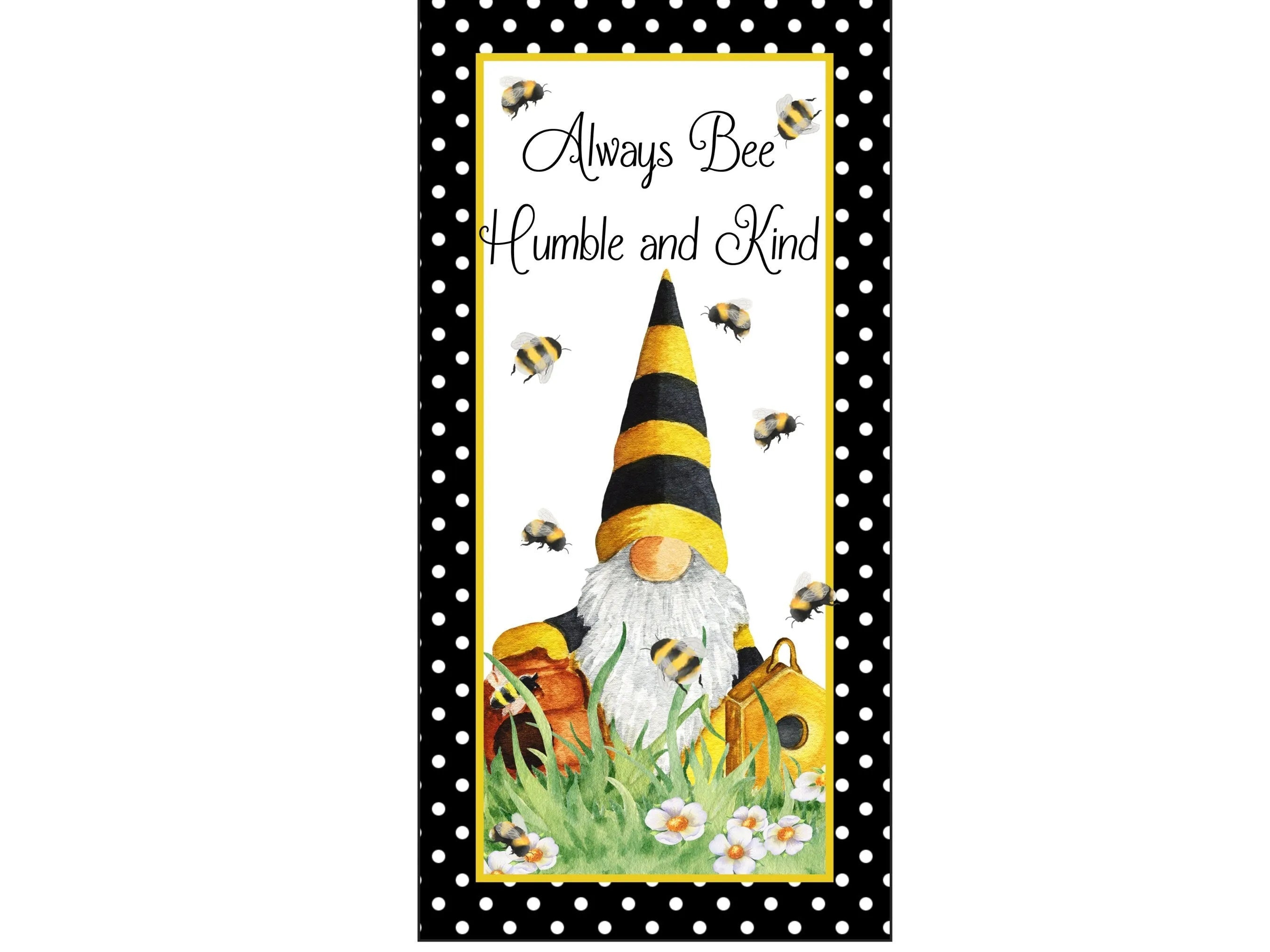 yellow polka dot gnome bee metal wreath sign, gnome bee hive and daisies wall art, bee kitchen decoration